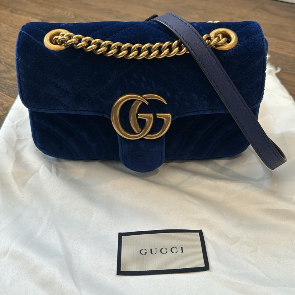 Gucci Velvet Matelasse Small GG Marmont Shoulder Bag in cobalt blue